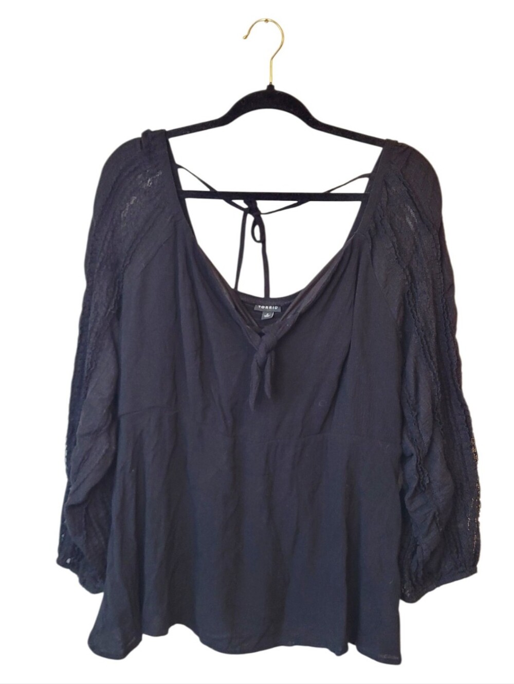 Torrid Black Peasant Blouse with Lace Sleeves Size 2/2X
